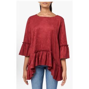NEW Spice Red Tru Luxe Jeans Faux Suede Peplum Top Flounce Sleeve XS $89